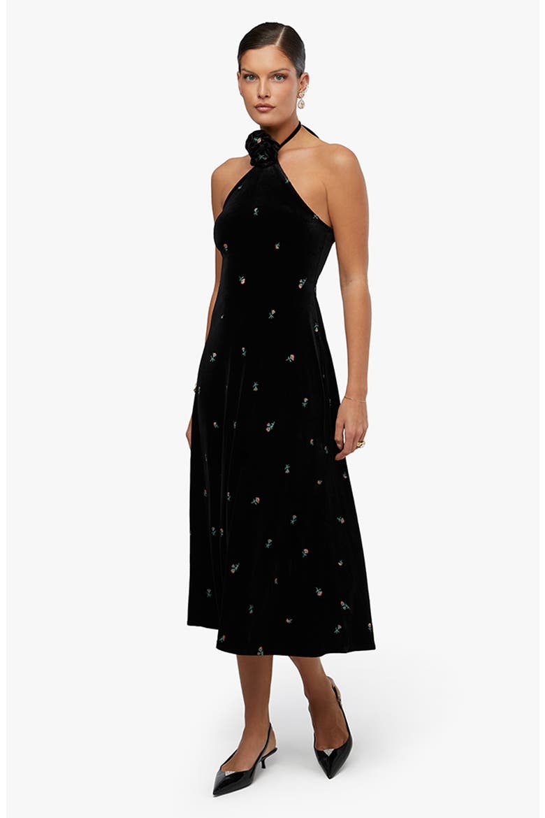 Floral Halter Velvet Midi Dress, Alternate, color, BLACK MULTI