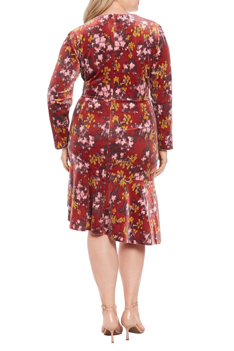 Floral Asymmetric Long Sleeve Velour Midi Dress, Alternate, color, RED MULTI