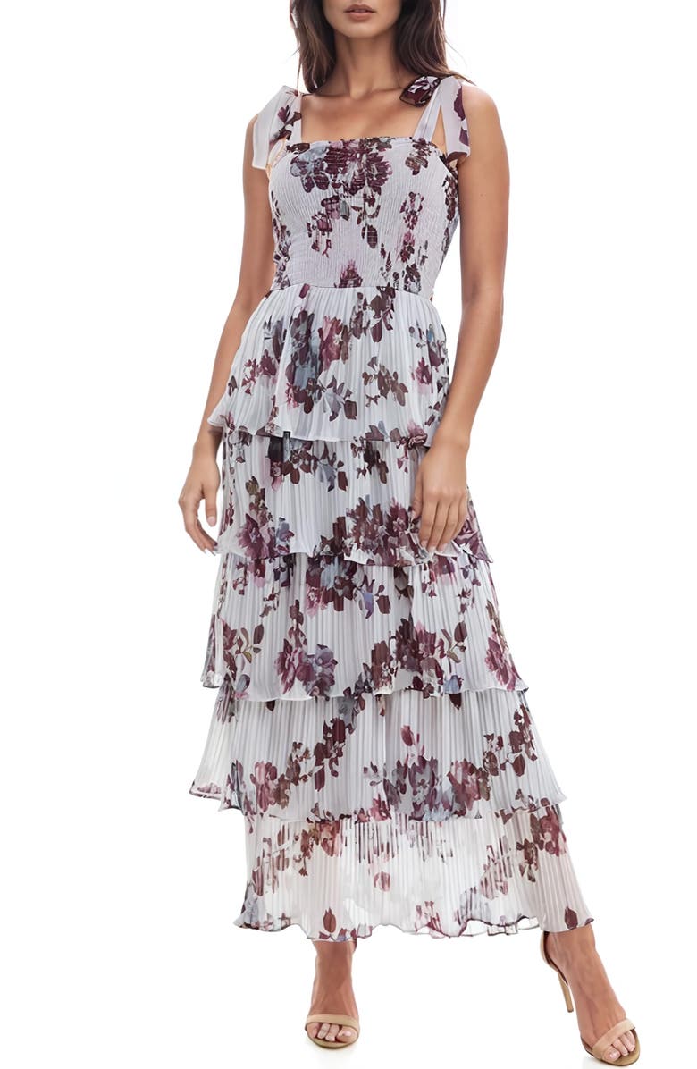 Socialite Floral Print Pleated Tier Maxi Dress, Main, color, Grey/ Mauve