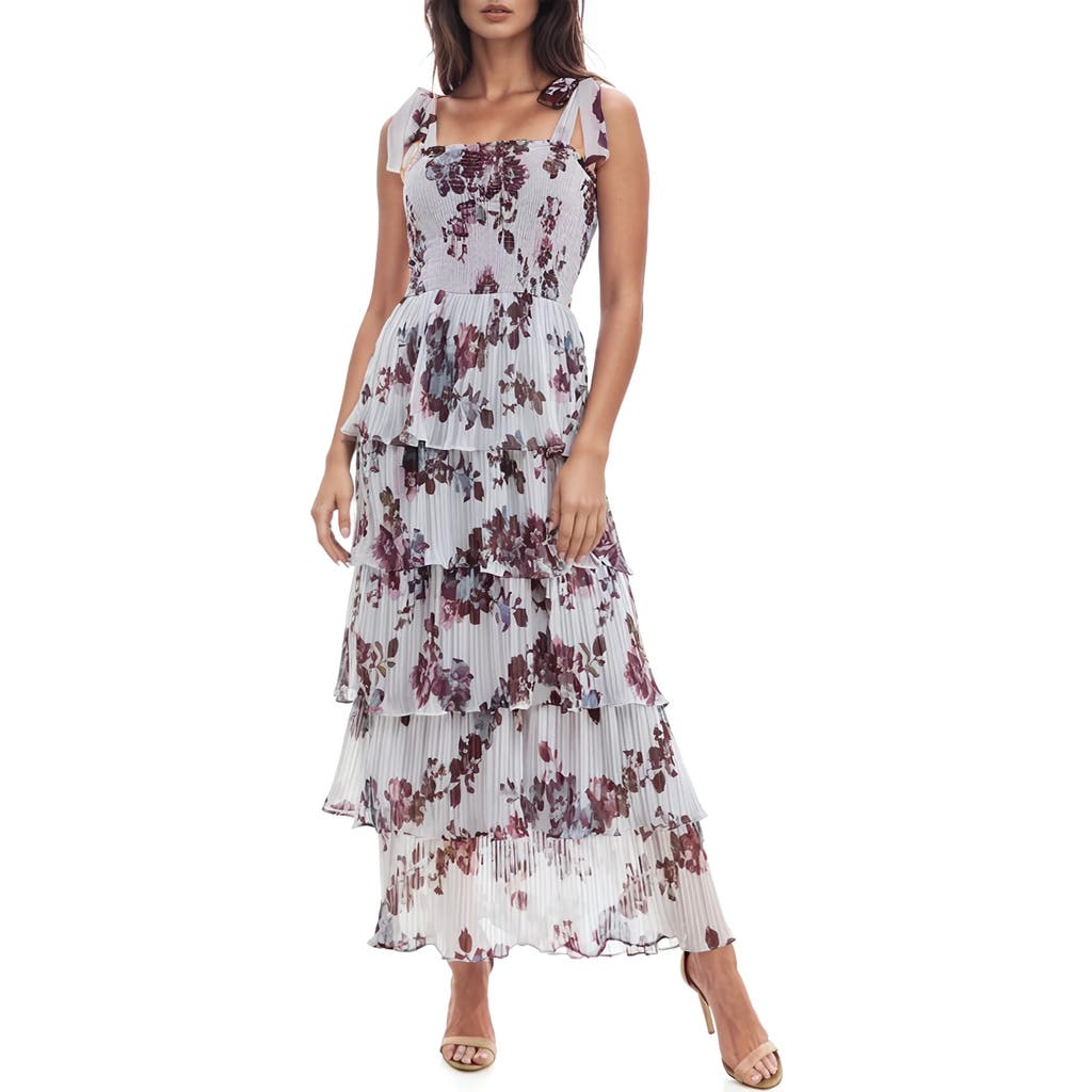 Socialite Floral Print Pleated Tier Maxi Dress In Grey/mauve