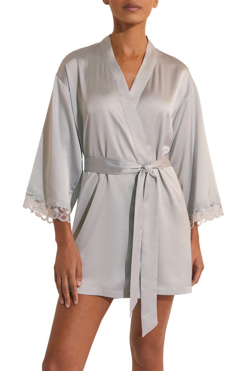 Etam Naeva Deshabille Lace Trim Satin Robe, Main, color, Oxygen
