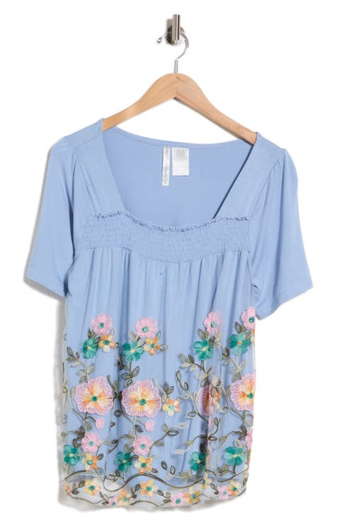 Embroidered Mesh Overlay Top