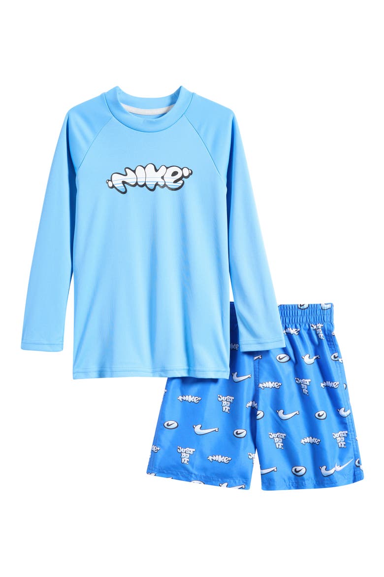 Kids' Hydroguard + Long Sleeve Rashguard & Shorts Set, Main, color, BLUE CRYSTAL