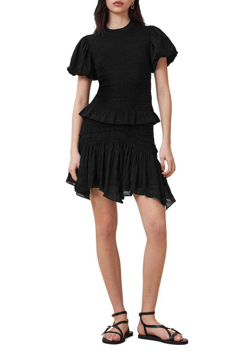 AllSaints Dael Smocked Puff Sleeve Top, Alternate, color, Black