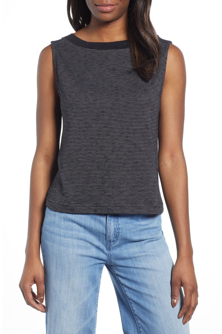 Stripe Knit Tank Top, Main, color, BLACK- WHITE THIN STRIPE