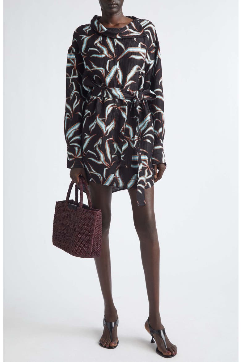 Lalia Floral Long Sleeve Linen & Silk Matelassé Shirtdress, Main, color, BLACK MULTI