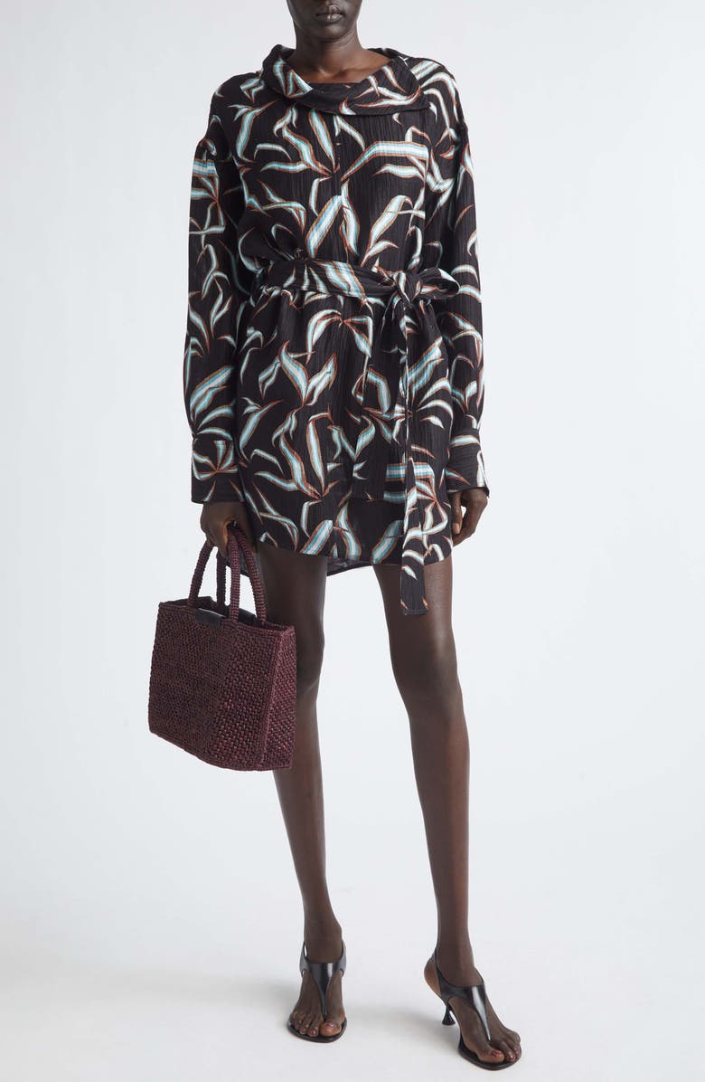 Proenza Schouler Lalia Floral Long Sleeve Linen & Silk Matelassé Shirtdress, Main, color, Black Multi