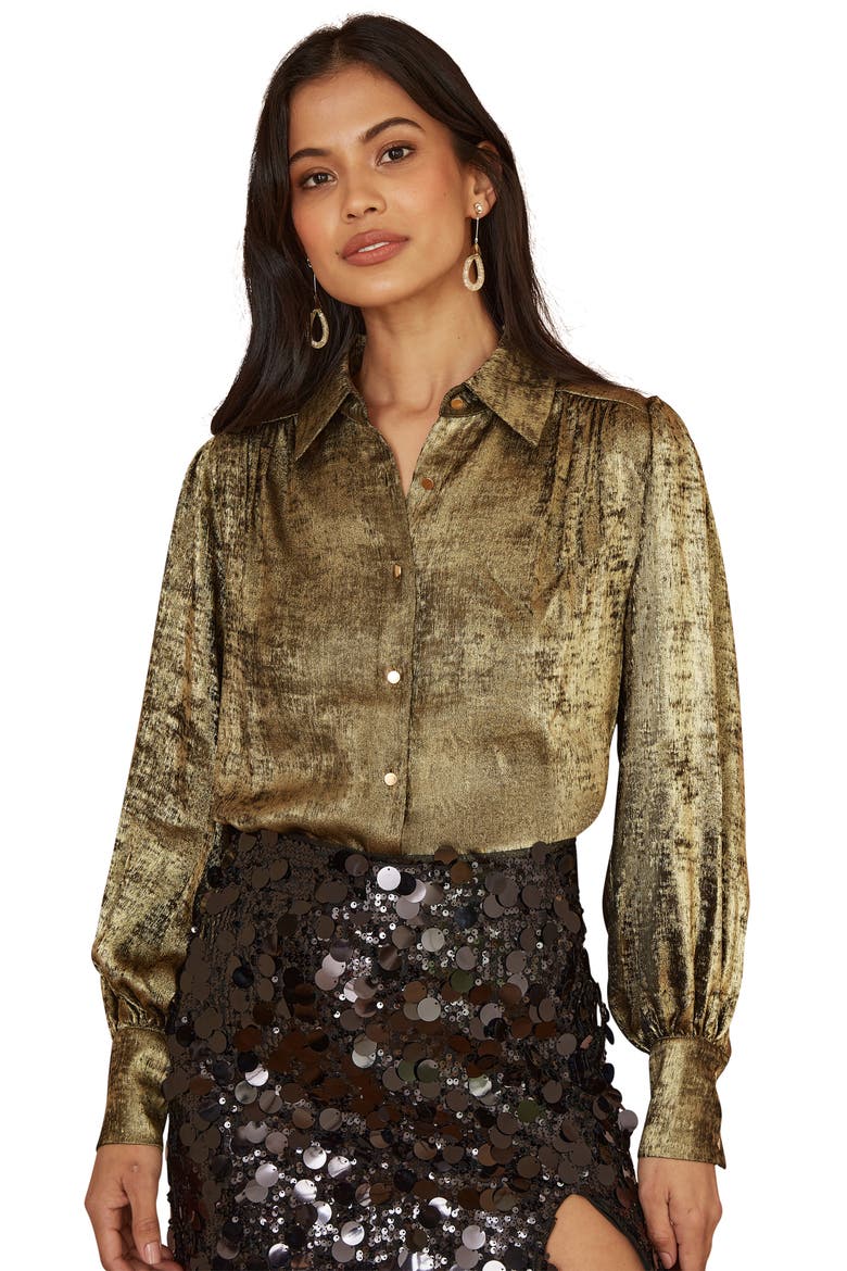 Metallic Relaxed Balloon Sleeve Shirt, Alternate, color, Gold