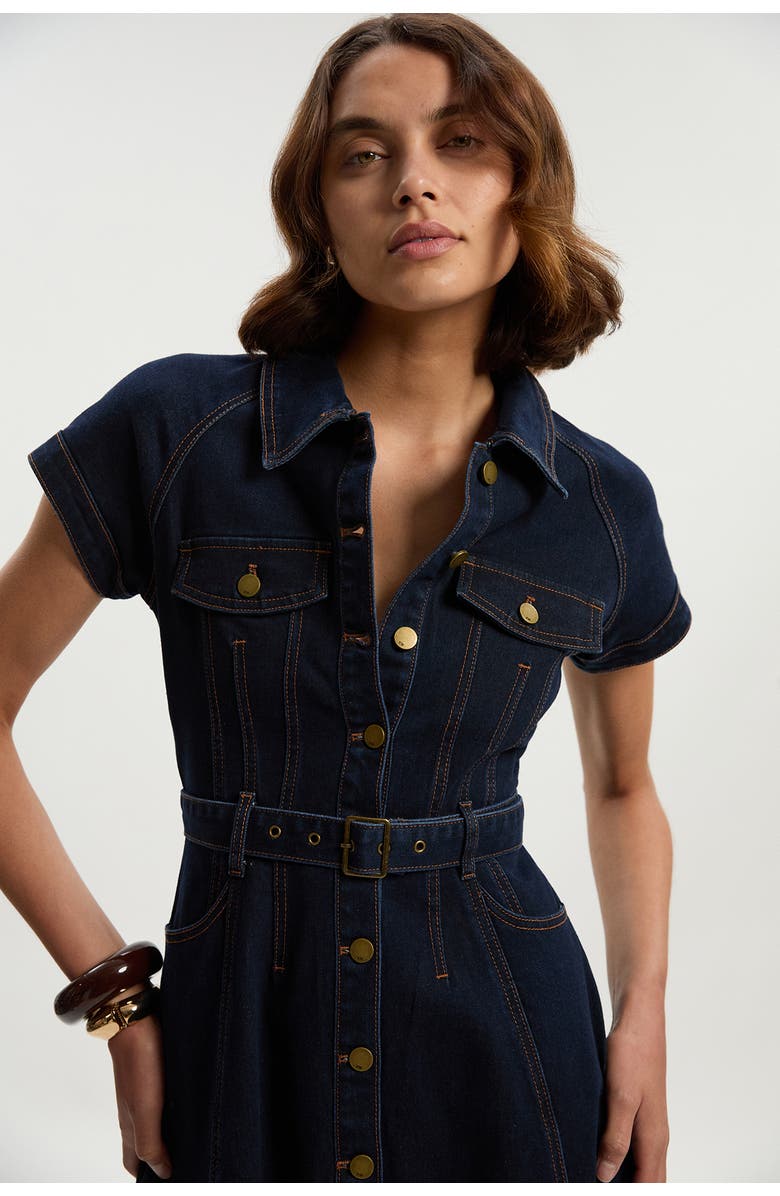 Karen Millen Petite Denim Corset Midi Dress, Alternate, color, Dark Blue