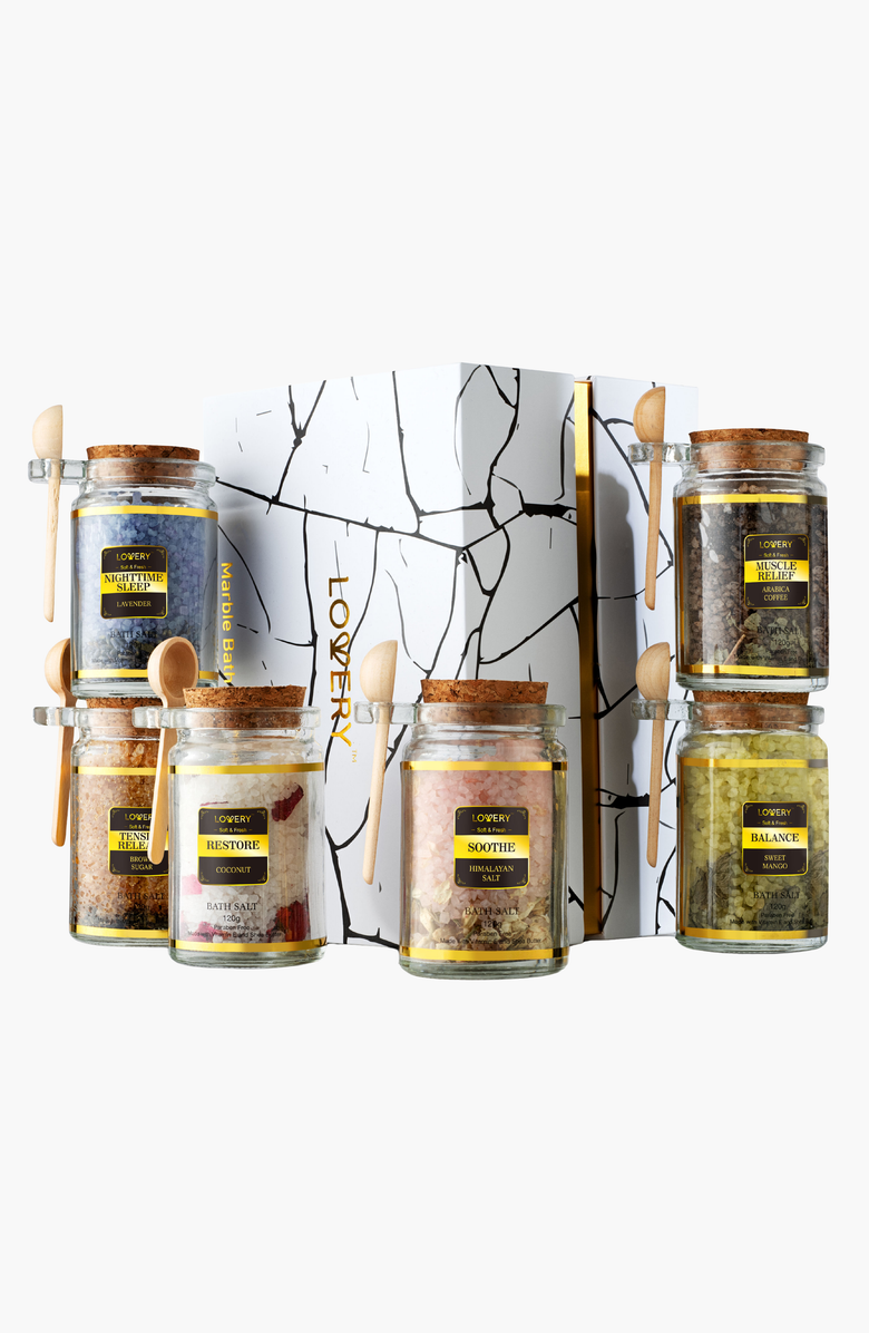 Lovery 6-Piece Bath Salts Gift Set with Natural Herbs and Essential Oils, Main, color, White / Gold