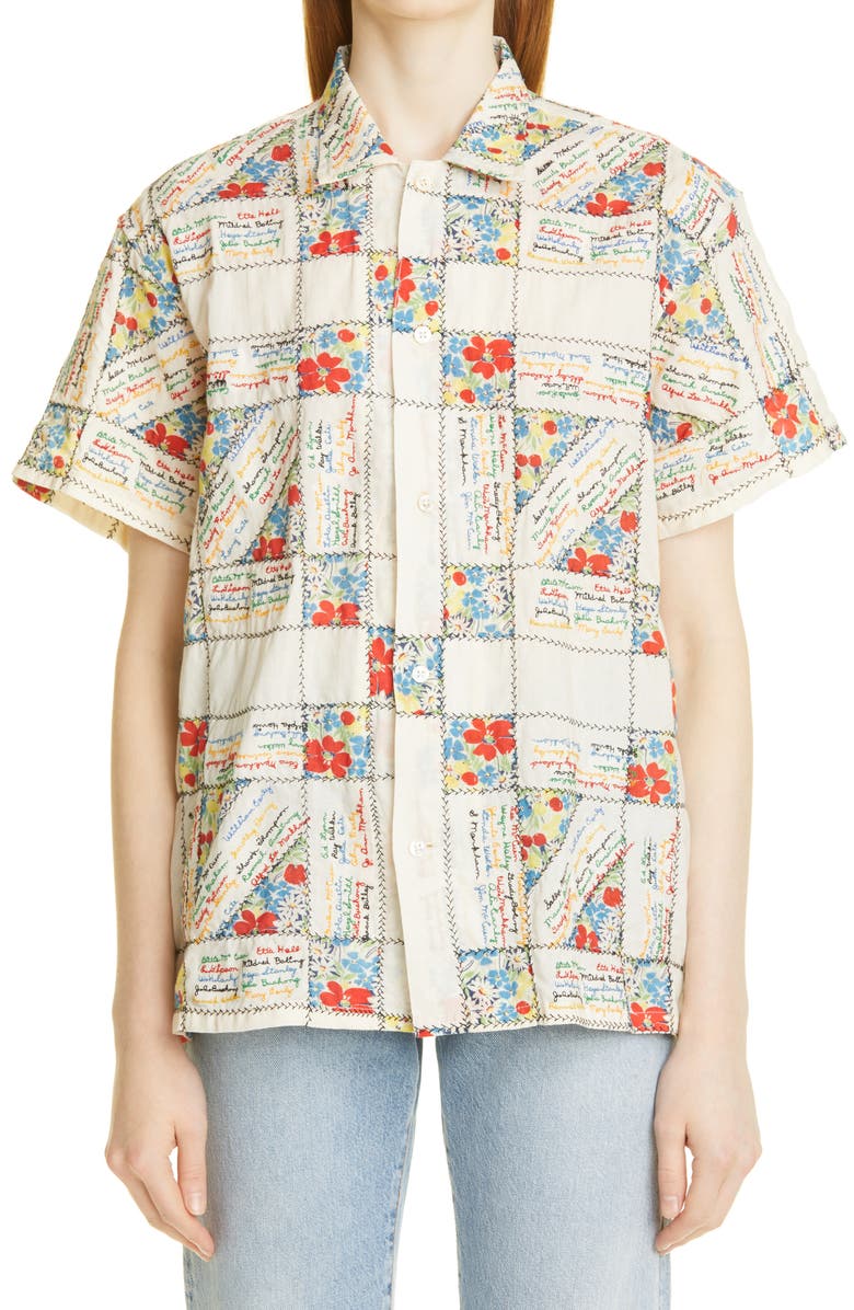 Bode Patchwork Embroidered Micro Signature Cotton Shirt, Main, color, 
