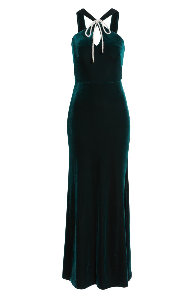 Eliza J Bow Halter Neck Velvet Gown, Alternate, color, Hunter