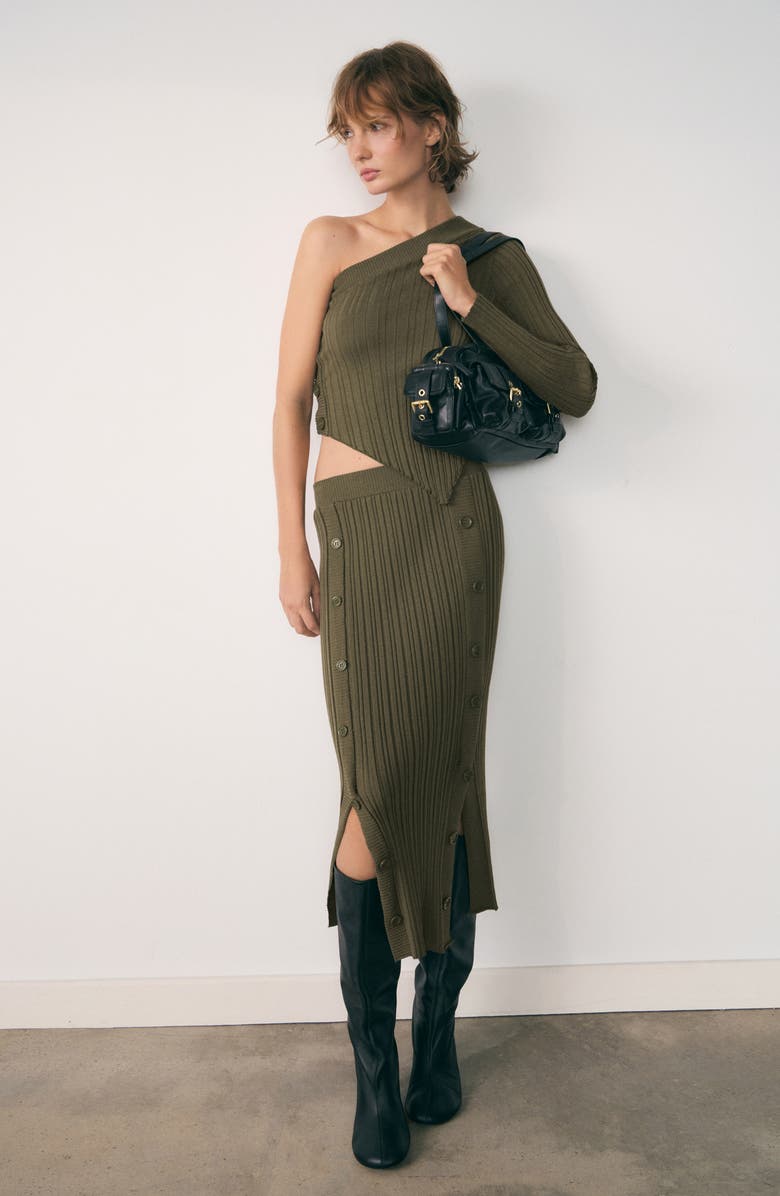 MANGO Asymmetric One-Shoulder Rib Sweater, Alternate, color, Khaki Green