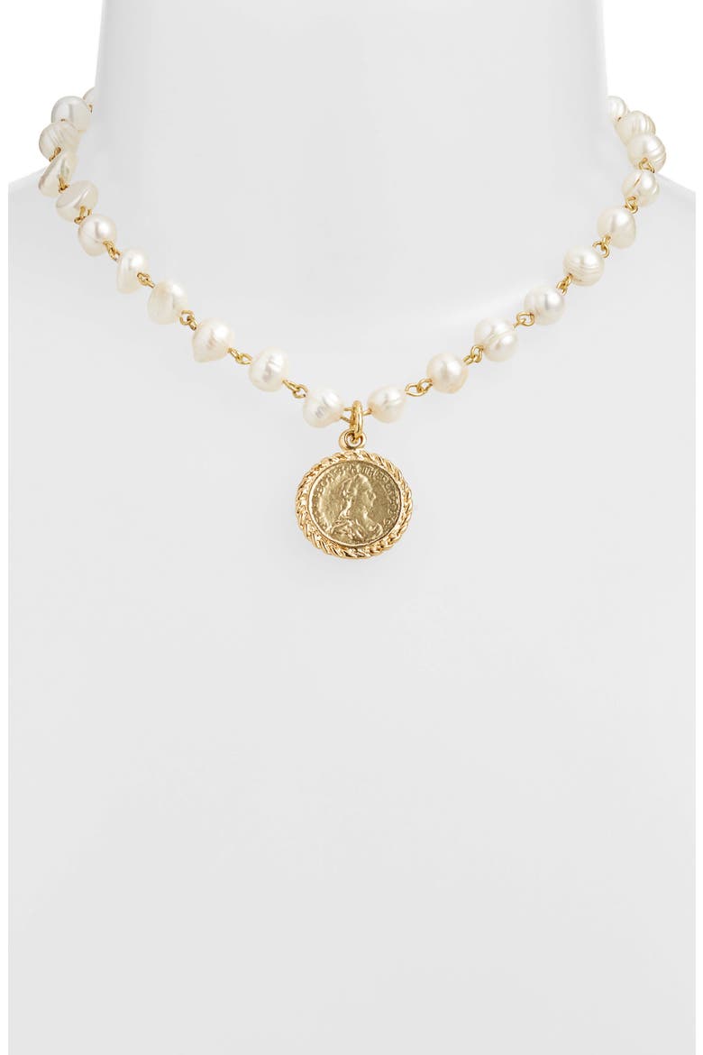 Freshwater Pearl Station Medallion Necklace, Alternate, color, GOLD