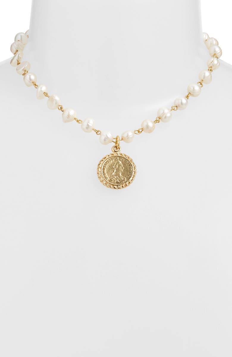 Karine Sultan Freshwater Pearl Station Medallion Necklace, Alternate, color, Gold