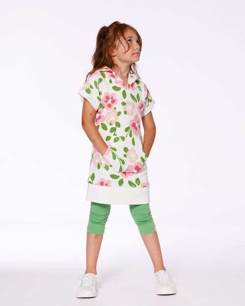Deux Par Deux Little Girl's Printed French Terry Hooded Dress Pink Flowers On White Background In Pink Flowers On White