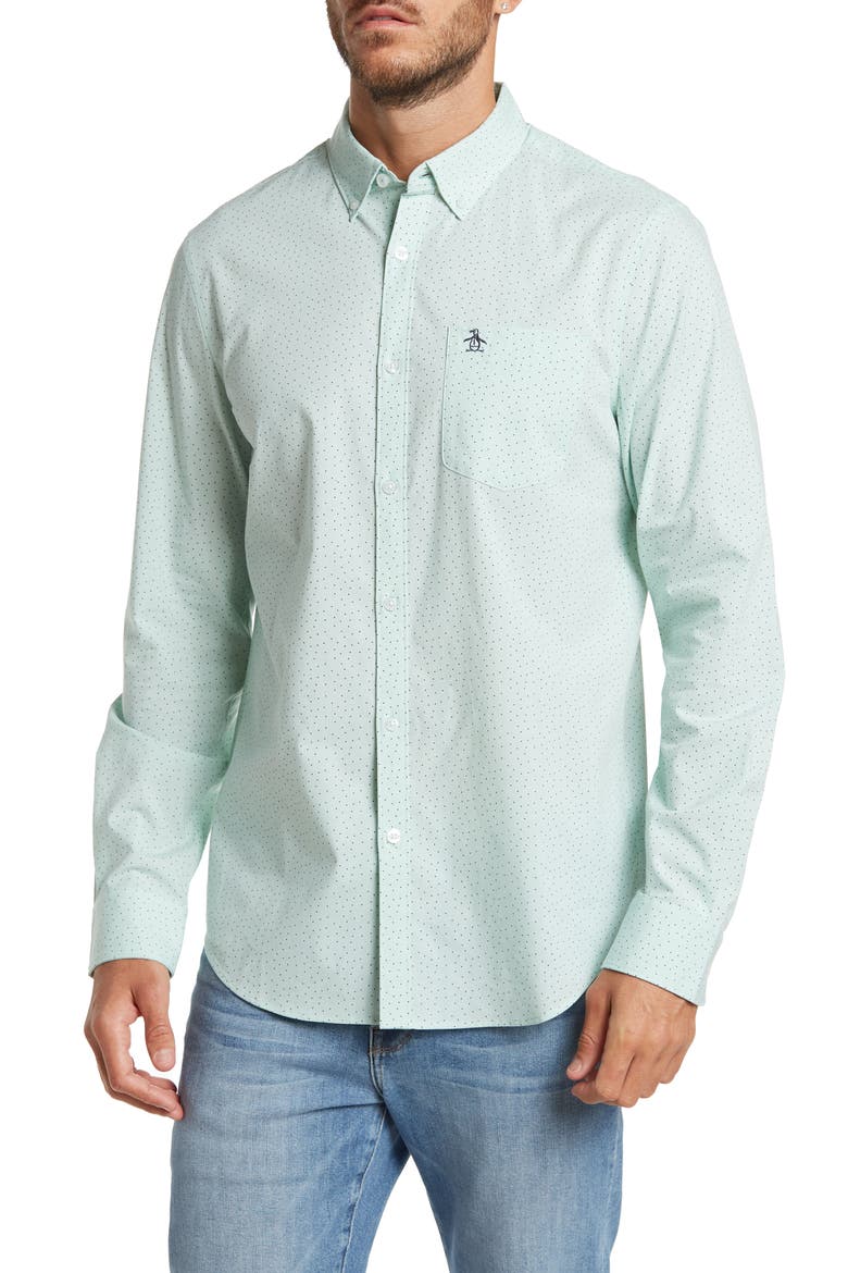 Dot Print Woven Button-Down Shirt, Main, color, LICHEN