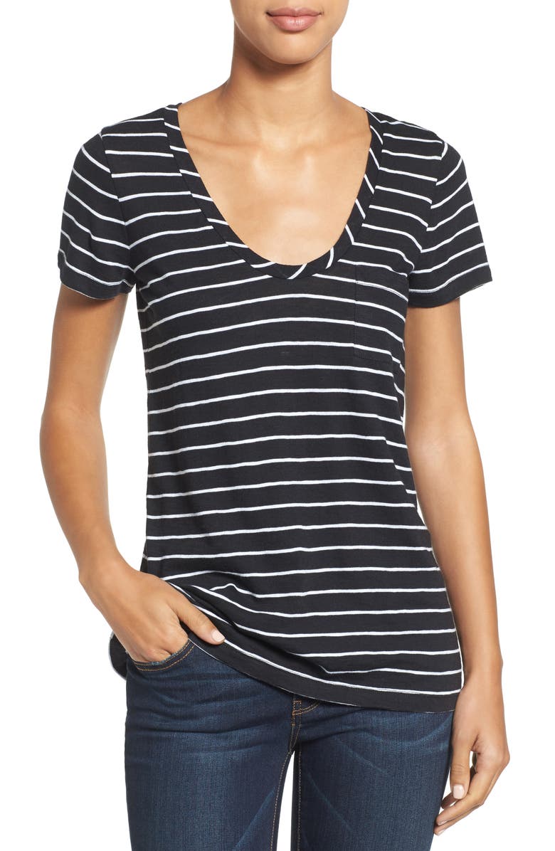Caslon<sup>®</sup> U-Neck T-Shirt, Main, color, Black- White Julia Stripe