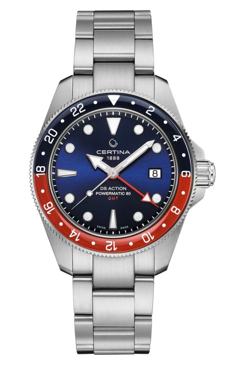 DS Action GMT Automatic Bracelet Watch, 41mm, Main, color, STAINLESS STEEL / BLUE DIAL