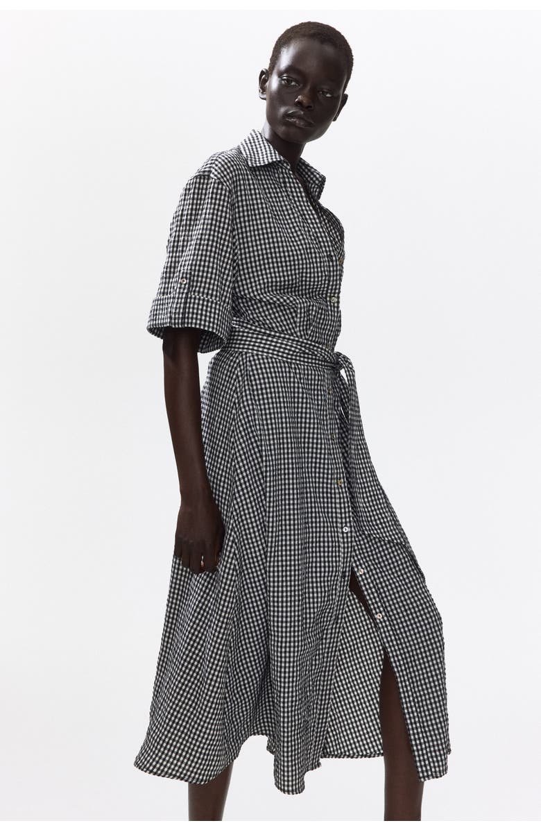 H&M Tie-belt Dress, Main, color, Black/Gingham