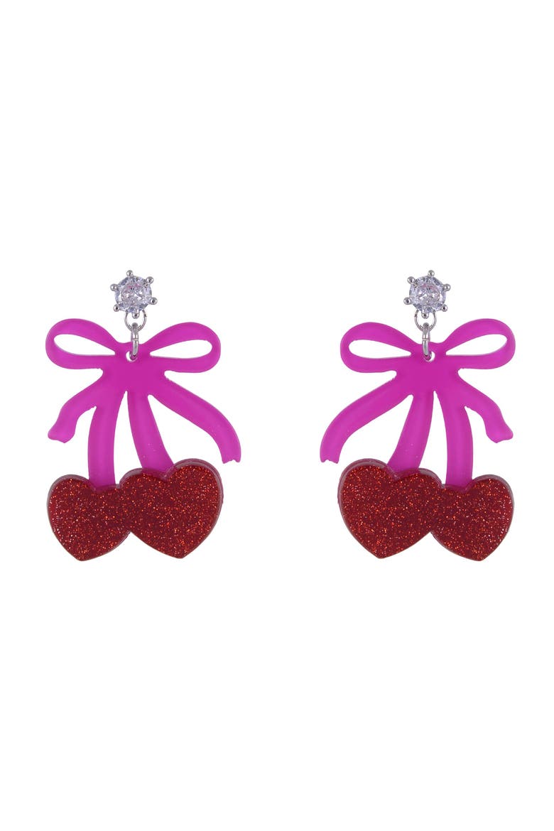 Pink Bow and Cherry Drop Earrings, Alternate, color, Pink