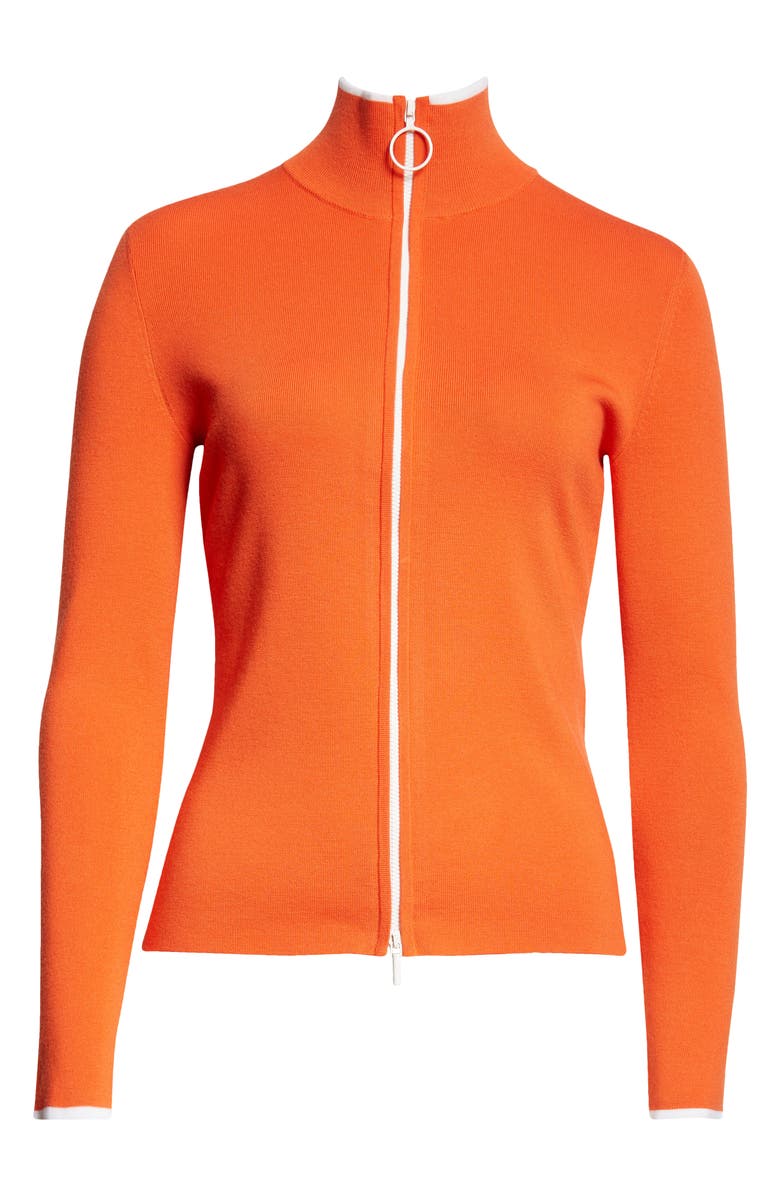 Akris punto Contrast Trim Virgin Merino Wool Zip Front Cardigan, Alternate, color, Orange/ Cream