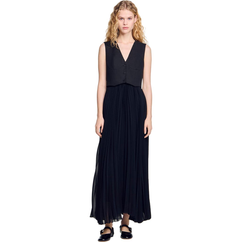 Sandro Pleated Maxi Dress In Black