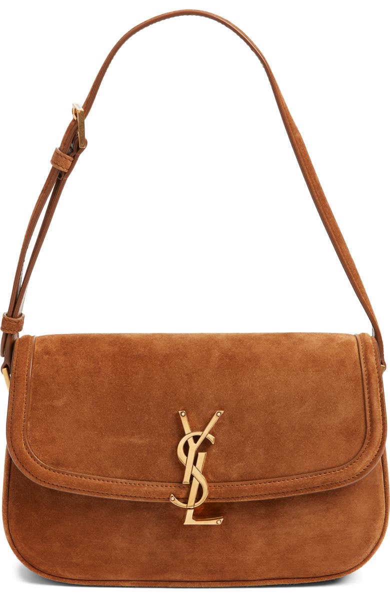 Saint Laurent Medium Solferino Suede Shoulder Bag, Main, color, Caramel Cognac