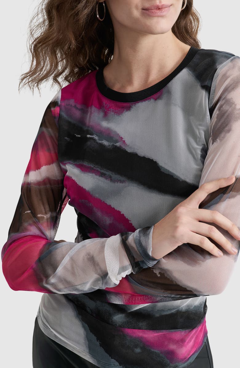 DKNY Print Long Sleeve Mesh Top, Alternate, color, 