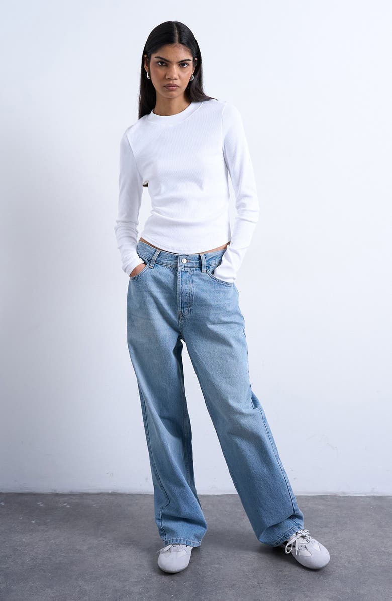 Topshop Rib Knit Long Sleeve Top, Alternate, color, White