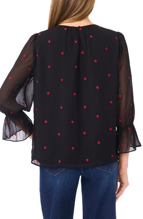 Cece Embroidered Heart Bell Sleeve High-low Top In Black