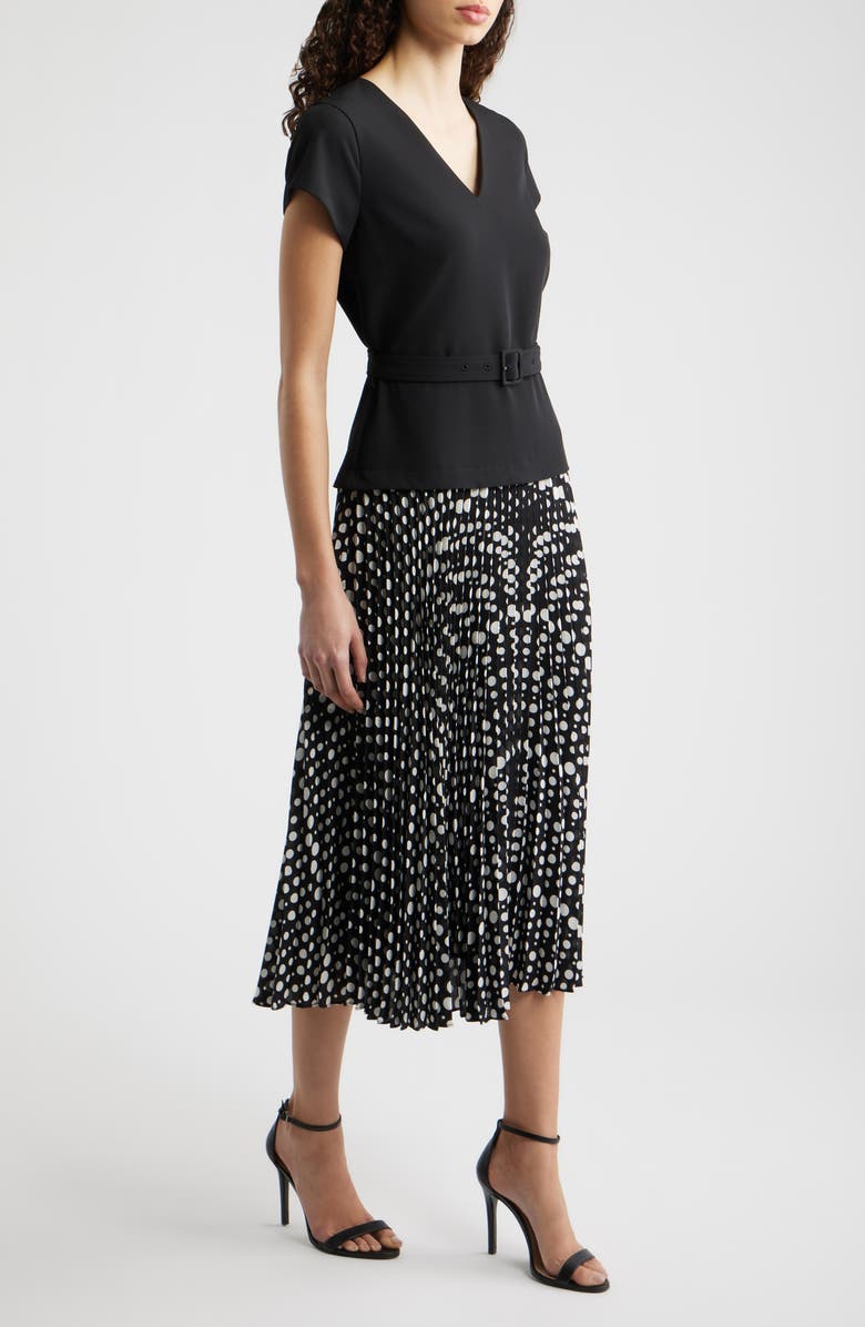 Elie Tahari The Nina Belted Pleated Dress, Alternate, color, Noir/ Noir And White Polka Dot