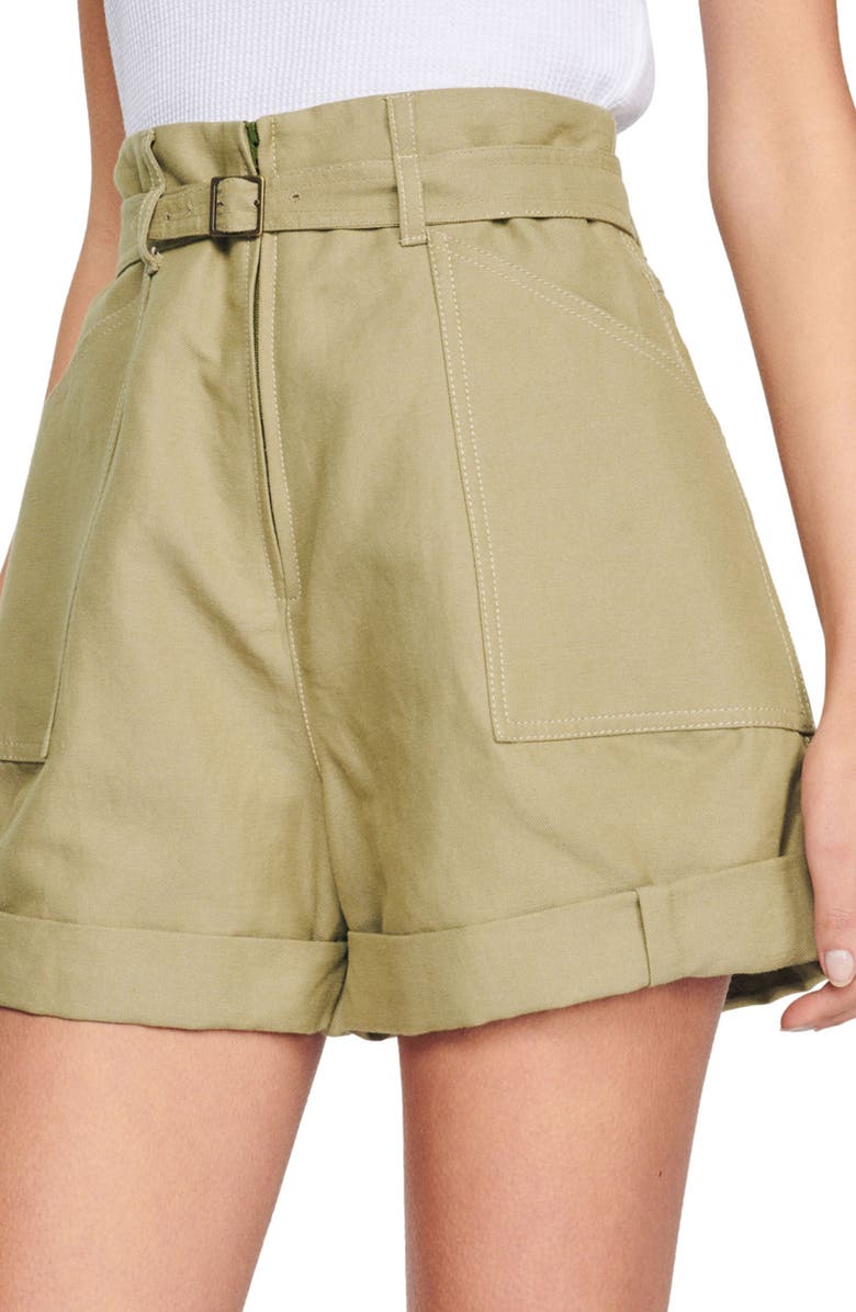 SANDRO Belted High Waist Twill Shorts, Main, color, Terre
