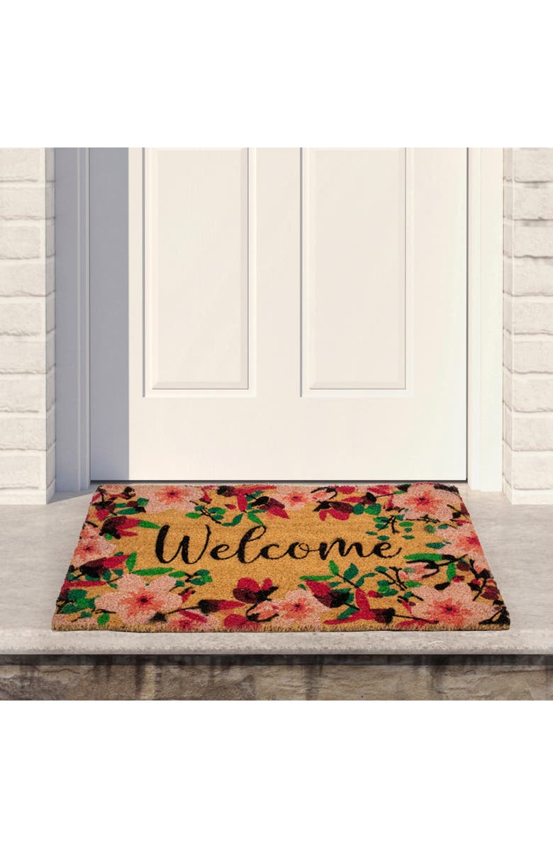 Northlight Natural Coir Blossoming Floral Outdoor Rectangular "Welcome" Doormat 18" x 30", Alternate, color, Brown