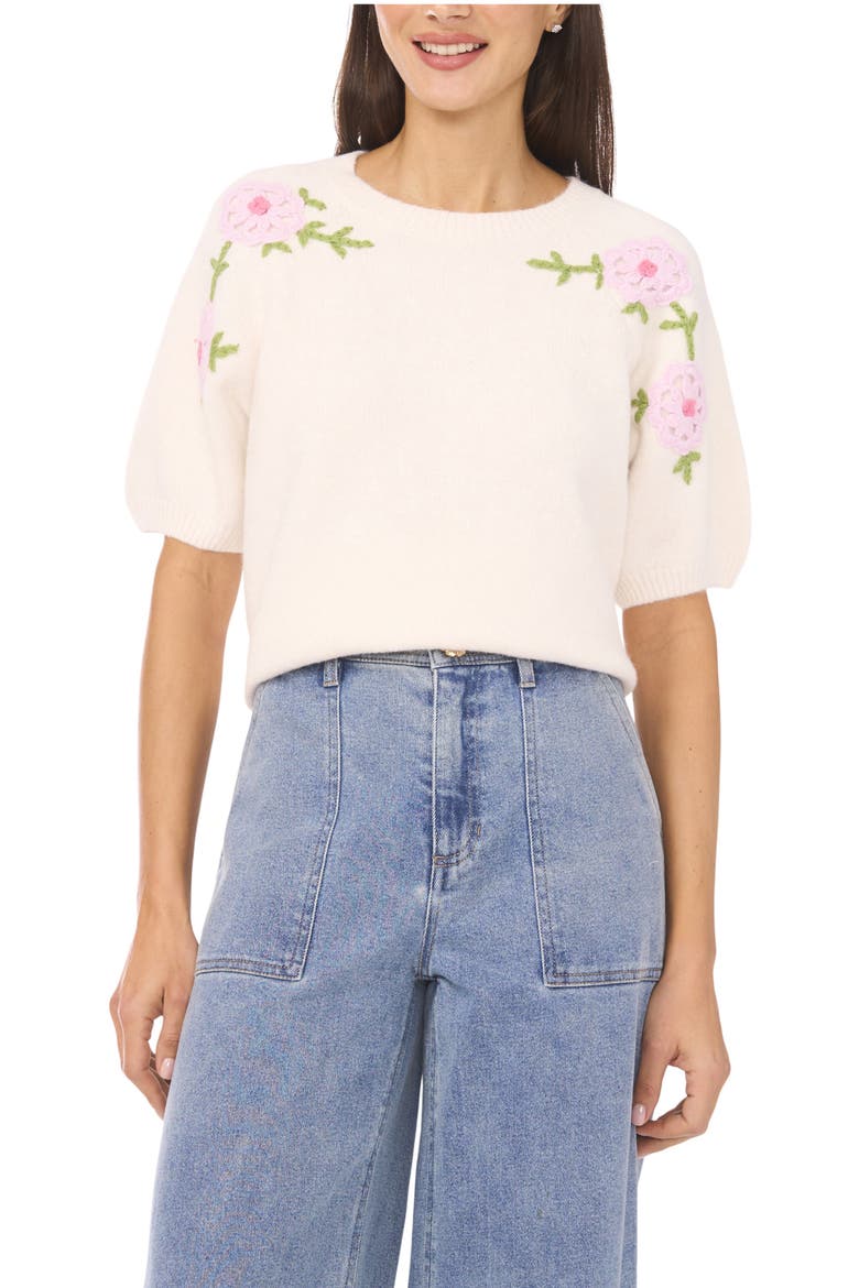 Floral Embroidered Short Sleeve Sweater, Main, color, BIRCH
