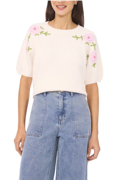 Floral Embroidered Short Sleeve Sweater