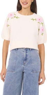 CeCe Floral Embroidered Short Sleeve Sweater