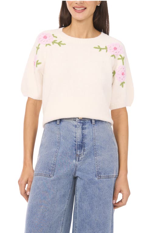 Cece Floral Embroidered Short Sleeve Sweater In Pink