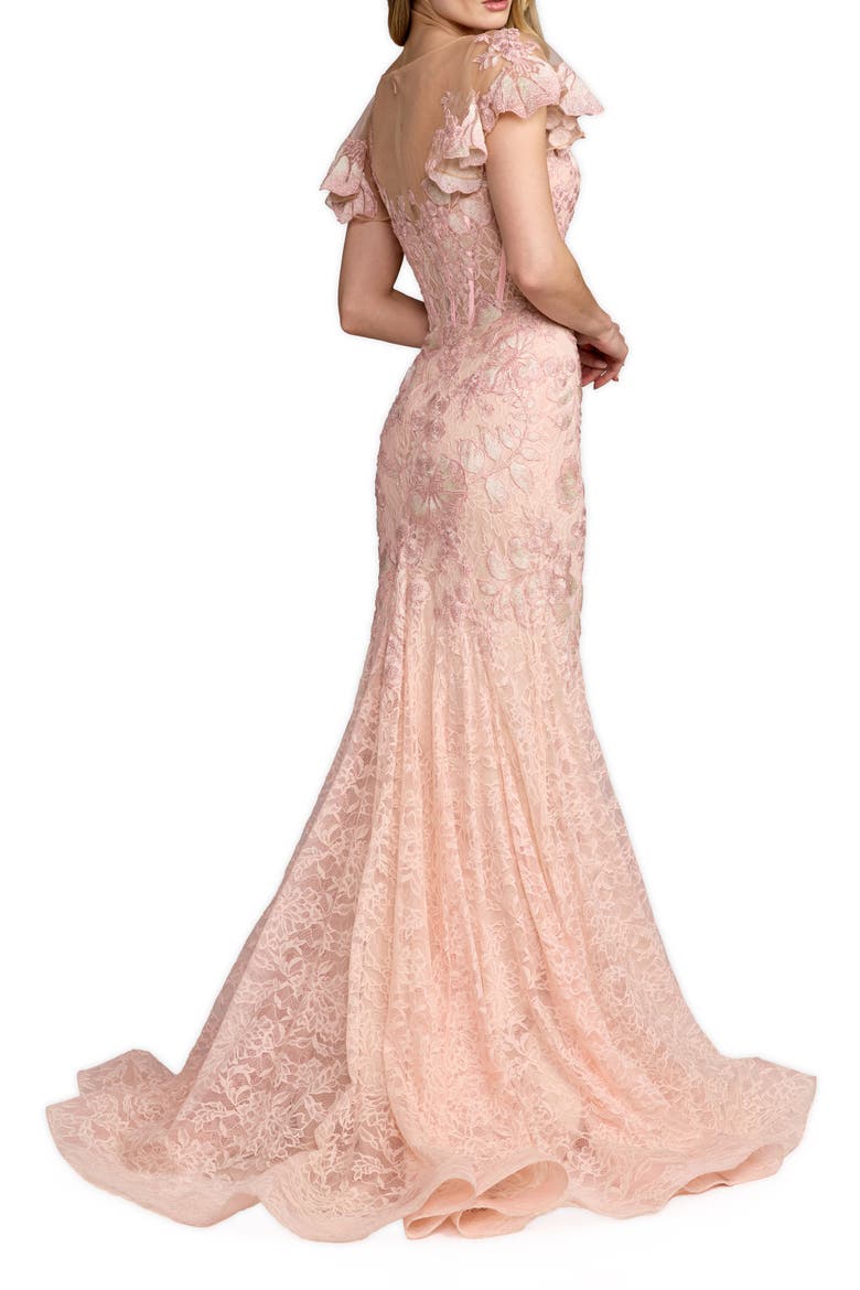 Embroidered Lace Trumpet Gown with Flutter Sleeves, Alternate, color, Blush
