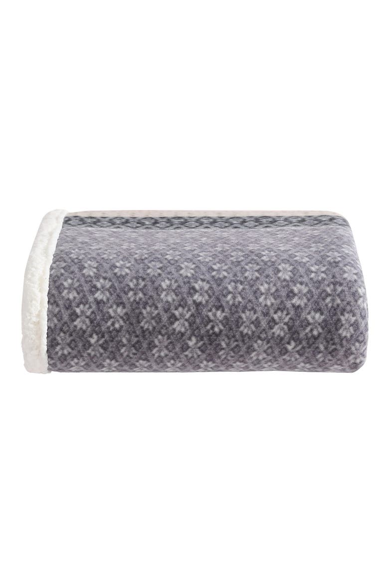Fair Isle Plaid Faux Shearling Throw Blanket, Alternate, color, DARK STEEL