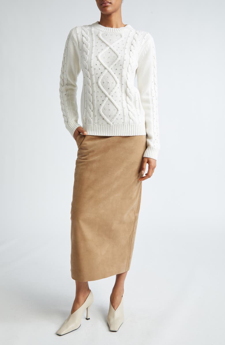 Max Mara Onde Embellished Cable Stitch Wool & Cashmere Sweater, Alternate, color, White