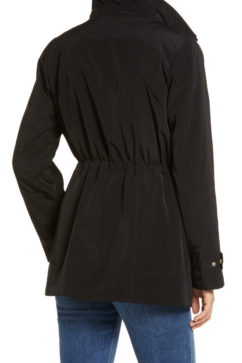 Cinched Waist Hooded Water Resistant Raincoat, Alternate, color, BLACK