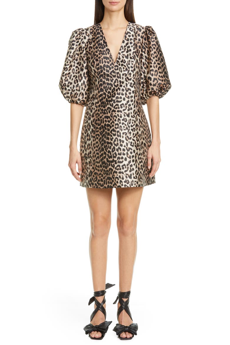 Leopard Jacquard Puff Sleeve Minidress, Main, color, PHANTOM