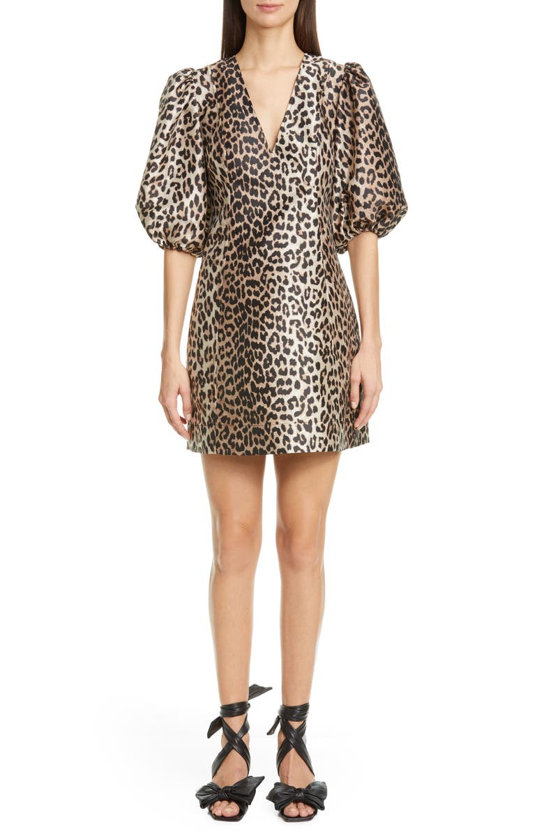 Ganni Leopard Jacquard Puff Sleeve Minidress, Main, color, 