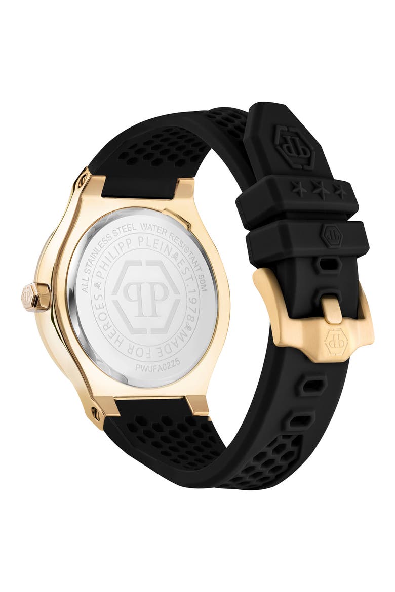 Plein Underdog Black Dial Silicone Strap Watch, 44mm, Alternate, color, IP YELLOW GOLD