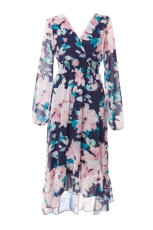 Quiz Floral Chiffon Glitter Long Sleeve Maxi Dress In Navy