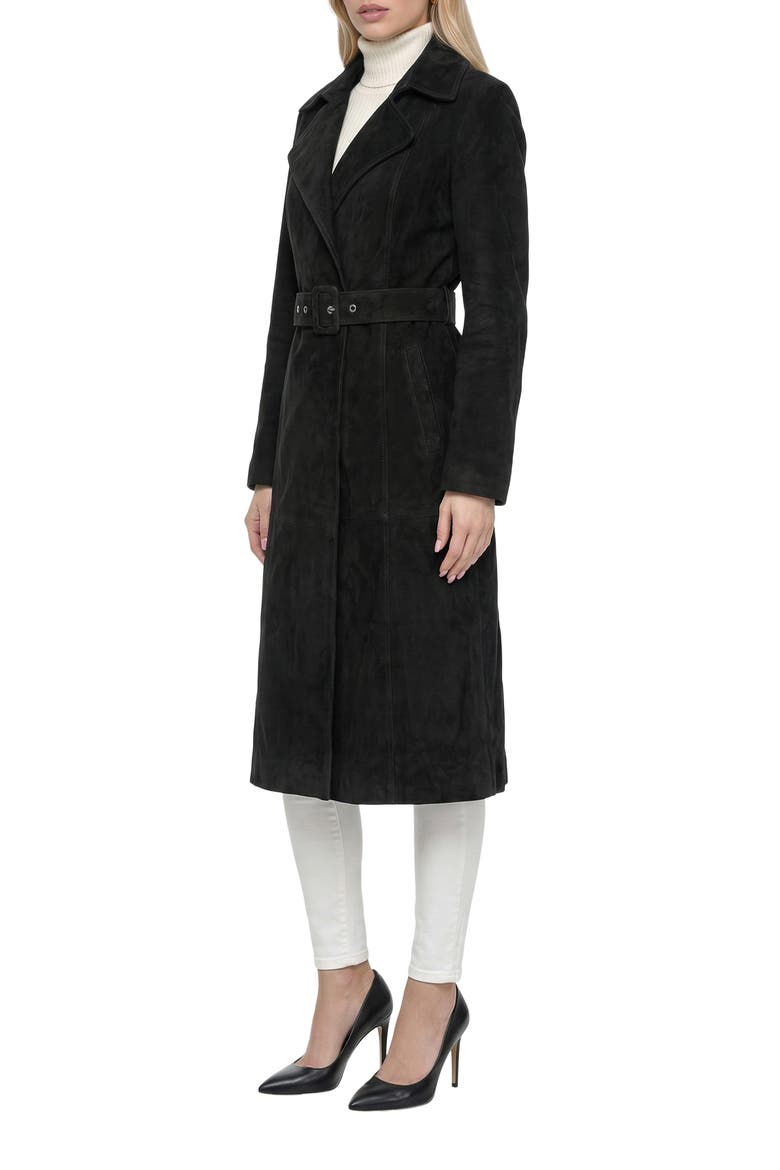 Genuine Metis Suede Belted Trench Coat, Alternate, color, BLACK