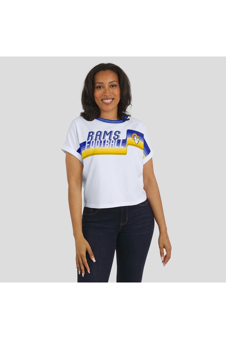 Women's WEAR by Erin Andrews White Los Angeles Rams Cropped Center Stripe Dolman T-Shirt, Alternate, color, White