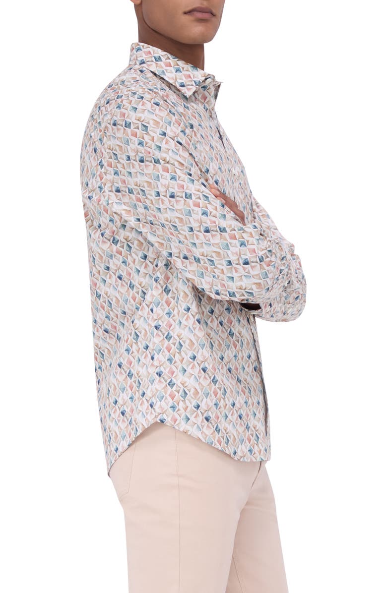 Bugatchi Julian Shaped Fit Mosaic Print Stretch Button-Up Shirt, Alternate, color, Desert