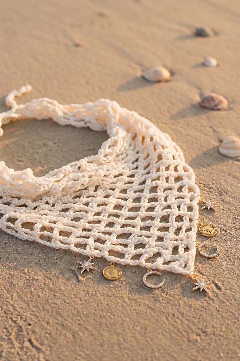 Bohemian Crochet Headscarf with Celestial Charms, Alternate, color, Ivory